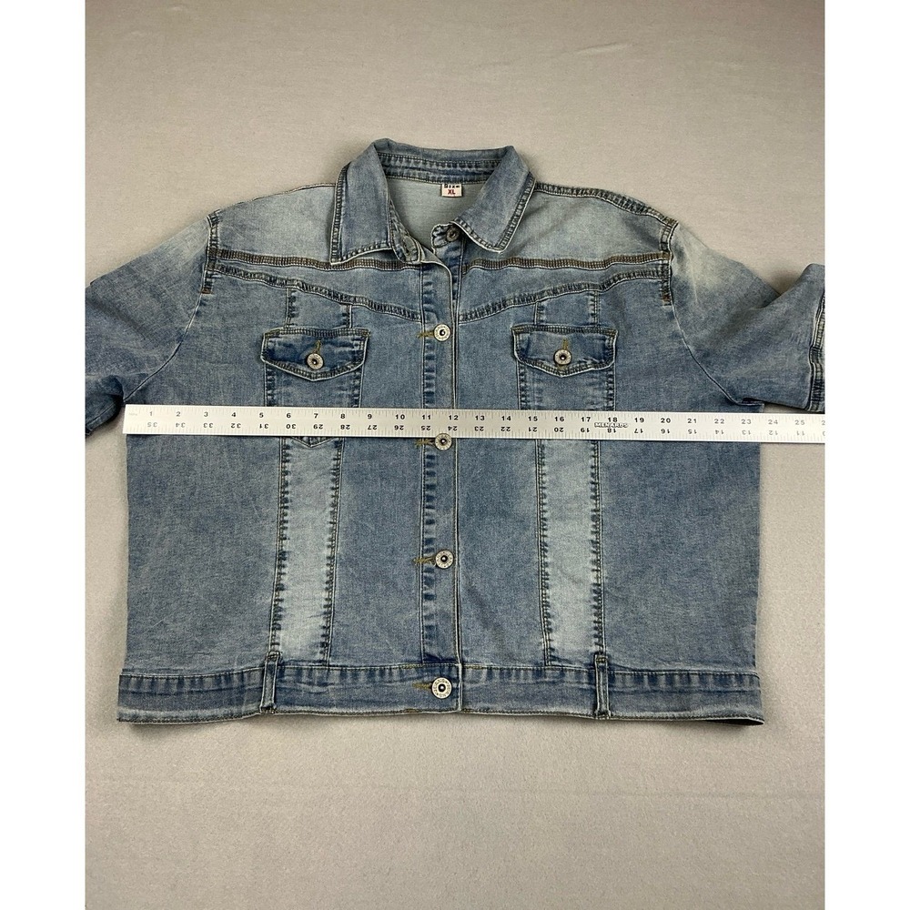 Short Sleeve Denim Jacket Shacket Light Wash Button Up Jean Top Blue Size XL - Picture 9 of 11
